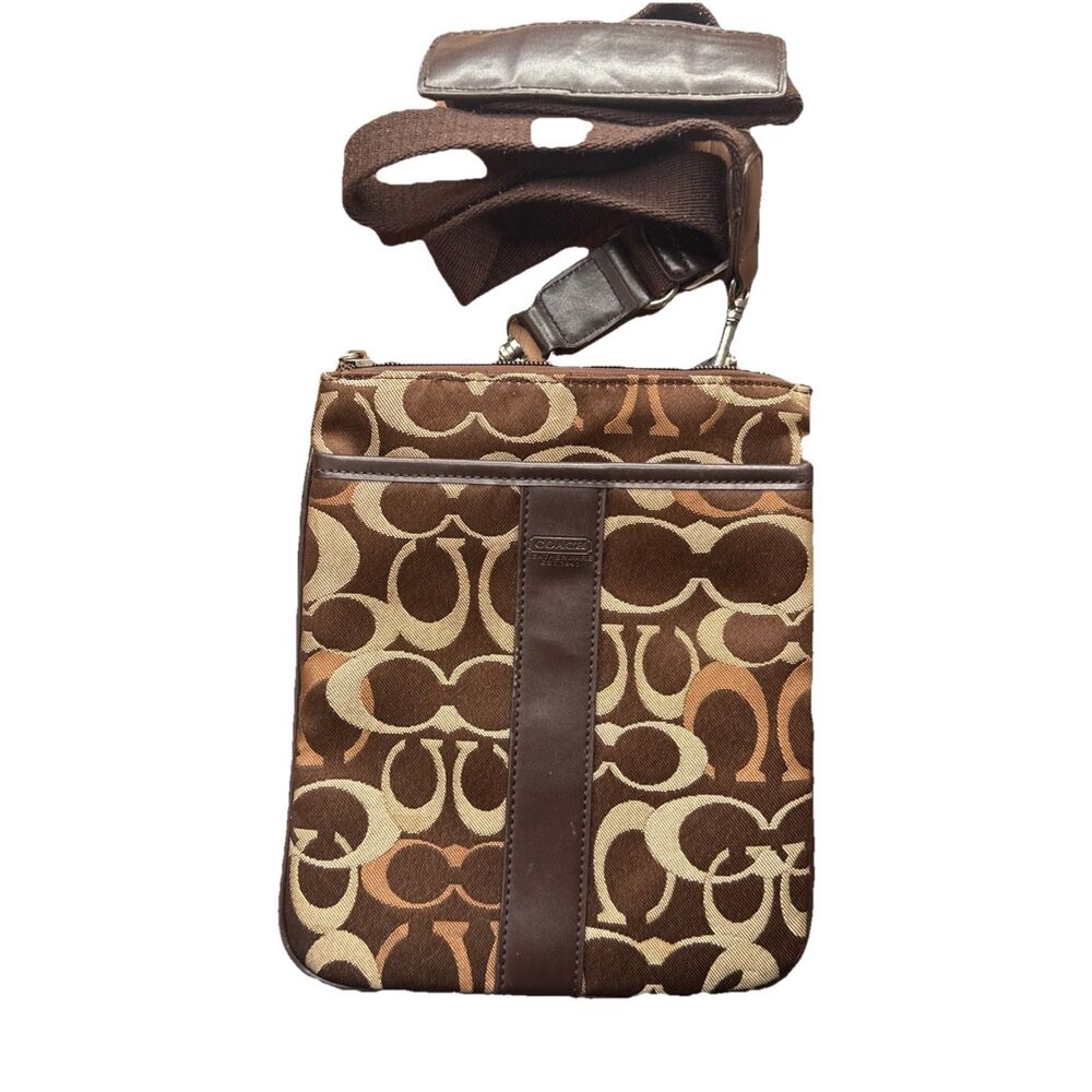 Coach Brown Beige Crossbody Shoulder Bag Logo Leather Trim Adjustable Women - Picture 1 of 7